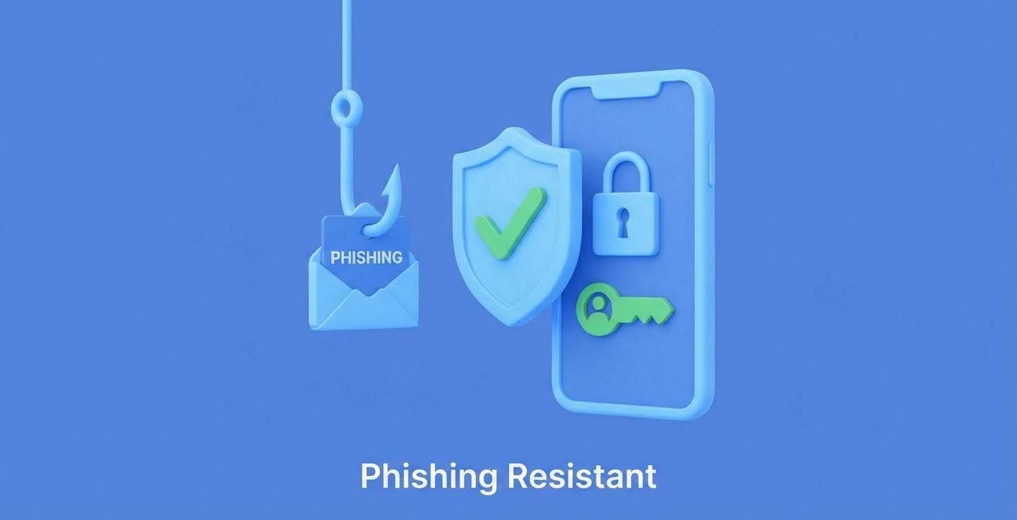 Phishing resistance: a phishing email being blocked by a shield, with a phone displaying a locked key symbol.