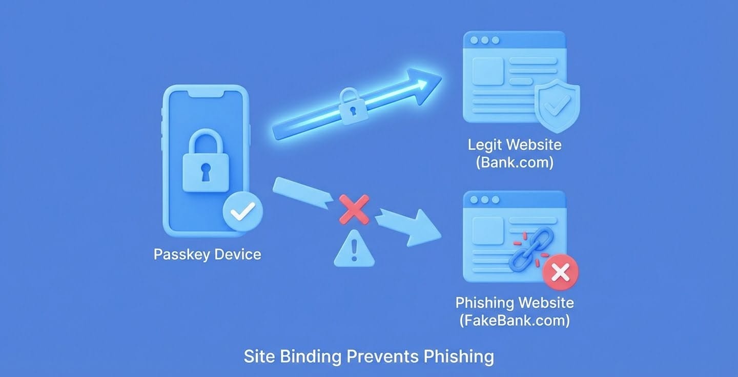 Site binding to prevent phishing: passkey device connects securely to a legitimate website (Bank.com) but is blocked from a phishing website (FakeBank.com).