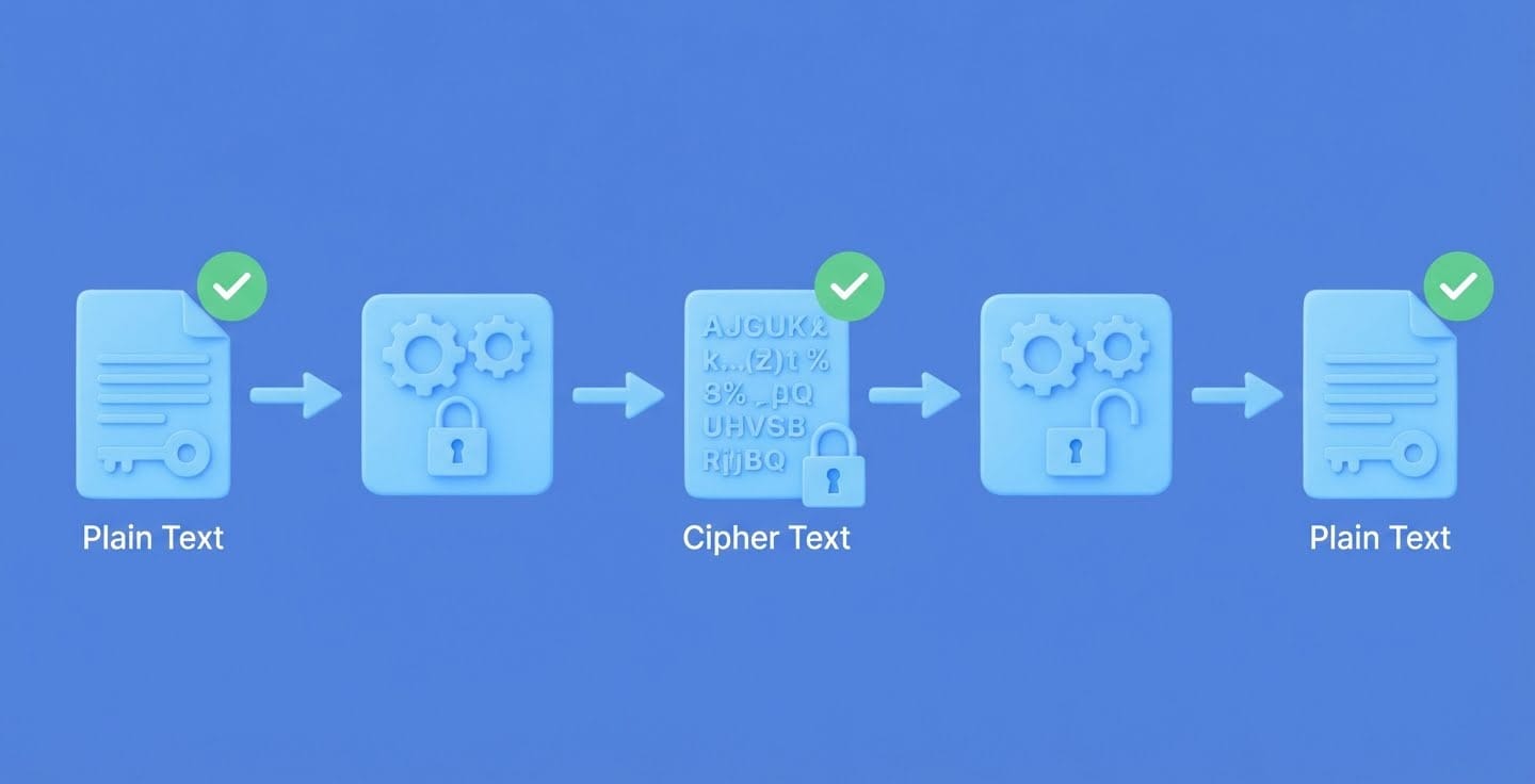 Encryption process: plain text is converted into cipher text using encryption, then decrypted back to plain text.