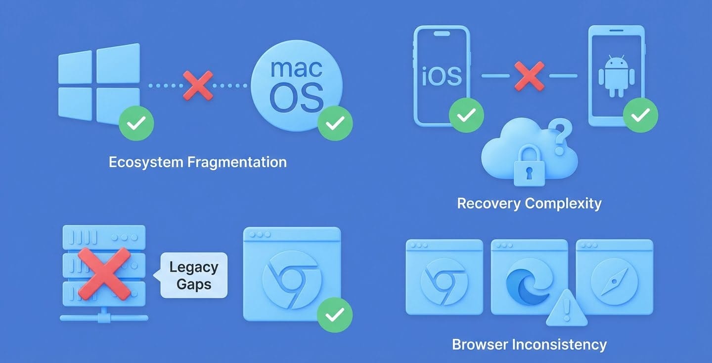 Challenges in passwordless authentication: ecosystem fragmentation (Windows to macOS and iOS to Android), recovery complexity (cloud sync issues), legacy gaps, and browser inconsistency.