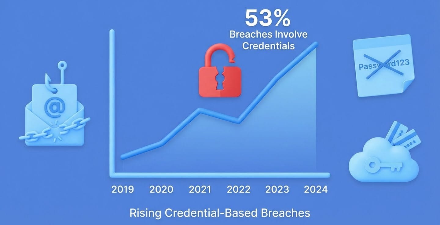 Graph showing the rise in credential-based breaches from 2019 to 2024, with a 53% increase. Icons include a phishing email, a lock, and weak password examples.