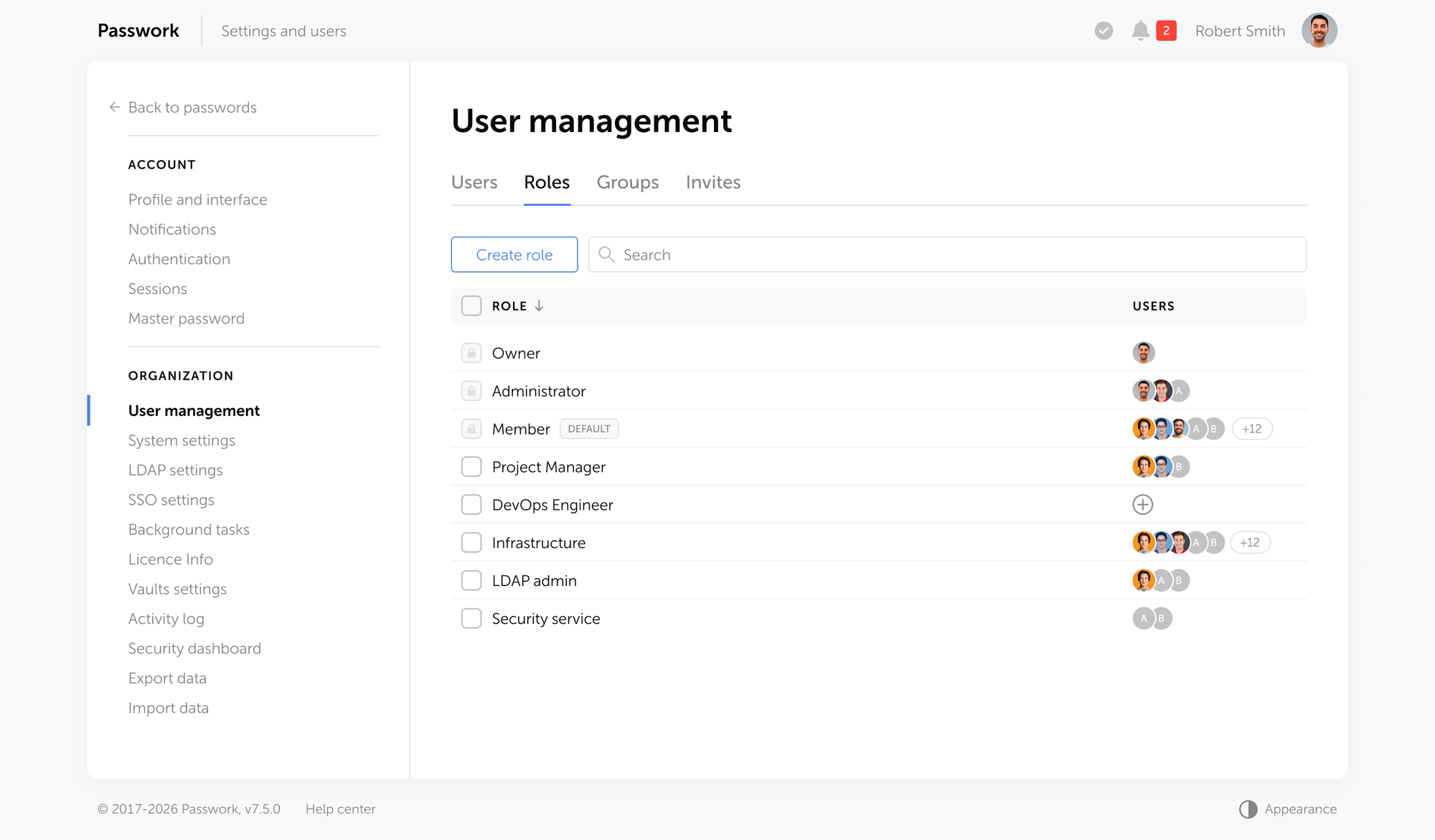 asswork's role-based access model lets administrators assign granular permissions per user or group